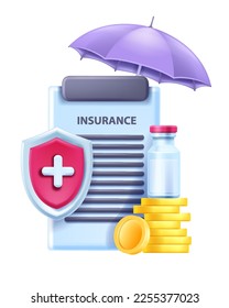 3D medical health insurance icon, vector medic shield, protect family umbrella healthcare concept. Hospital medicine agreement, golden coin, safety document, ampule. Health insurance illustration