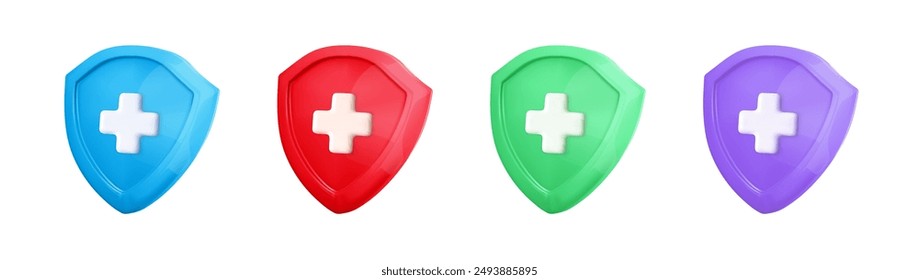 3d medical icon. Health protection red, blue, green,violet shield with cross. Health care, hospital symbol. Medical protect concept. 3d vector illustration