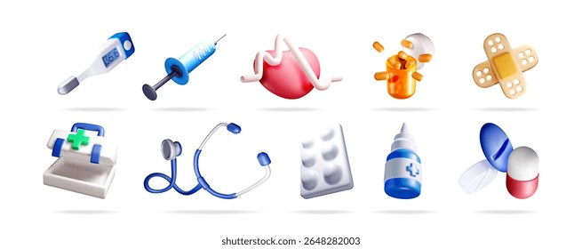 3d medical item collection for health and wellness. Healthcare concept with pharmaceutical objects for web design and poster.