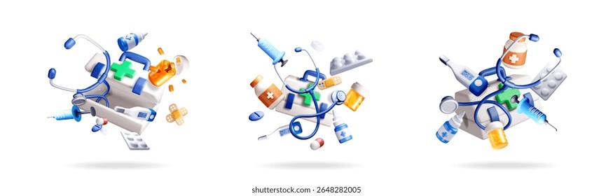 3d medical items set for health and care. Pharmacy, clinic, and first aid for infographics. 3d stock vector illustration.