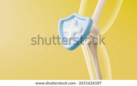 3d medical knee joint model with blue shield protection icon - anatomical leg bones femur and tibia connection on yellow bg. Healthcare orthopedic safety concept for injury prevention presentation.