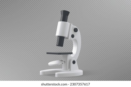 3d medical laboratory science microscope icon isolated vector illustration. White realistic lab test and education chemistry experiment equipment. Render of scientific object with magnification lens
