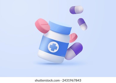 Botella de medicación médica 3d con el icono de la droga de la farmacia. Equipo médico de la vacunación, cuidado médico, medicina concepto mínimo. medicación de la farmacia médica. 3d medicina cura icono vector render ilustración