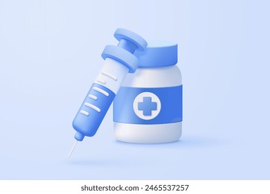 Botella de medicación médica 3d con icono de jeringa. Equipo médico de la vacunación, cuidado médico, medicina concepto mínimo. medicación de la farmacia médica. 3d medicina cura icono Vector render ilustración