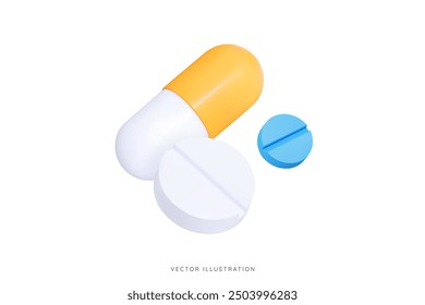 3D Medical pills. Yellow oval shaped capsule tablet. Vitamins and antibiotics for health. Healthcare and medicine. Pharmacy drug. Cartoon icon isolated on white. 3D Vector illustration