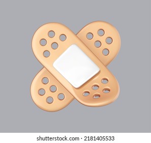3D medical plaster icon. Sticky medic bandage. Medic recovery patch. Beige adhesive antibacterial bandage. First aid concept. Vector 3d illustration
