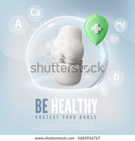 3D medical poster with human bone in protective dome, green shield with plus sign and vitamins. Health, orthopedic protection, care. Vector illustration. Place for text. Blue background.