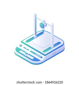 3D medical printer isometric vector. Electronic white instrument with blue panels for reconstruction of organs and bones of human body. Modern technology for creating bioorganic implants.