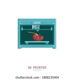 Impresora médica 3D. Imprimiendo un riñón nuevo. Pictograma, signo, icono. Concepto de medicina futura. Ilustración vectorial editable al estilo de dibujos animados planos aislados en fondo blanco. Diseño gráfico moderno.