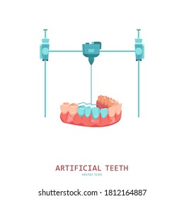 3D medical printer. Printing a new tooth. Pictogram, sign, icon. Future medicine concept. Editable vector illustration in flat cartoon style isolated on white background. Modern graphic design.