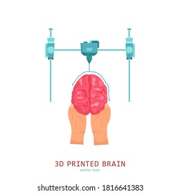 3D medical printer. Printing a new brain. Pictogram, sign, icon. Future medicine concept. Editable vector illustration in flat cartoon style isolated on white background. Modern graphic design.