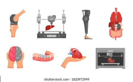 3D medical printer. Printing a new organ. Pictogram, sign, icon. Future medicine concept. Editable vector illustration in flat cartoon style isolated on white background. Modern graphic design set.