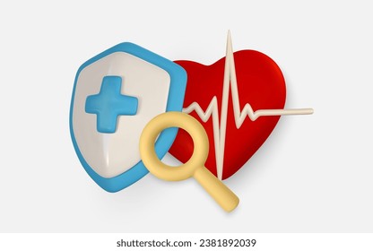 3.ª protección médica. Cardiograma cardíaco en escudo, símbolo de pulso. Cuidado cardio. Ilustración vectorial.