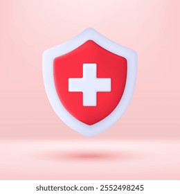 Escudo médico 3D com ícone plus. Conceito de proteção da saúde médica e seguro médico. renderização 3D em estilo de desenho animado Ilustração vetorial isolada.
