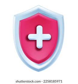 Icono vectorial de escudo médico 3d, insignia abstracta de seguridad sanitaria, signo de seguro hospitalario, cruz blanca. Logotipo de farmacia, concepto de ayuda de emergencia, defensa contra la infección por virus. Protector médico en blanco