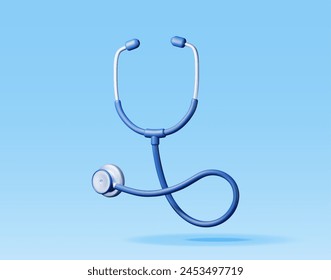 3D medical stethoscope isolated on blue. Render stethoscope doctor instrument icon. Medicine and healthcare, cardiology, pharmacy, drugstore, medical education. Vector illustration