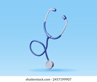 Estetoscopio médico 3D aislado en azul. Icono del instrumento del doctor del estetoscopio. Medicina y salud, cardiología, farmacia, farmacia, educación médica. Ilustración vectorial