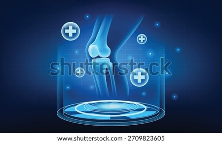 3D medical technology concept of a knee joint scan. Futuristic hologram anatomy showing glowing spheres with medical plus signs representing protection, recovery, and advanced treatment.