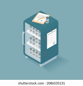 3d medical vaccine refrigerator vector illustration. Corona virus vaccine bottles on shelves of clinical fridge storage. Medical clipboard and vaccination schedule. Hospital equipment cooler freezer.