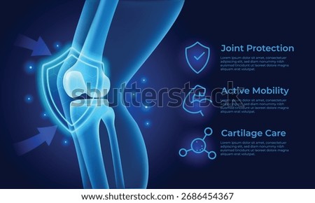 3D medical vector of the human knee joint protected by a glowing shield. Arrows and glow illustrate dynamic defense and stability, highlighting key benefits like joint protection for supplement ads.