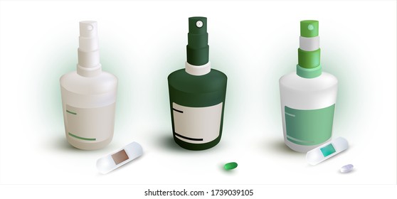 3d Medicamento.Plaster.Patch. Embalaje de Medicamento Farmacéutico.Botella de bombeo de sanitizador de mano.Aerosoles Médicos Antisépticos.Ilustración Realista Aislada.