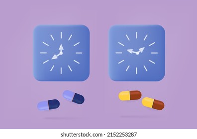 3d Medication time. Tablets with prescription and clock. The timing of the dose of pill, deadline. Medical banner, treatment time, prevention, therapy concept. Vitamins, health care. Vector