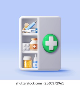 3d medicine cabinet isolated. Render medical collection. Spray pills, first aid kit, thermometer, syringe. Shelves with drugs bottles and blisters. Healthcare hospital and medical. Vector illustration