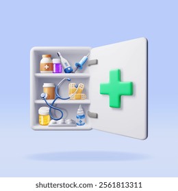 3d medicine cabinet isolated. Render medical collection. Spray pills, first aid kit, thermometer, syringe. Shelves with drugs bottles and blisters. Healthcare hospital and medical. Vector illustration