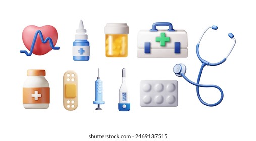 Conjunto de iconos de medicina 3d aislado. Presentar colección médica. Spray, píldoras, botiquín de primeros auxilios, termómetro, jeringa, ritmo cardíaco, estetoscopio. Hospital de salud y diagnóstico médico. Ilustración vectorial