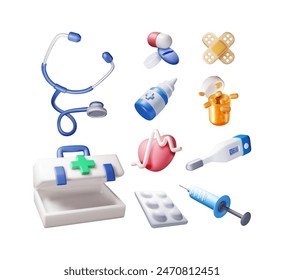 3d medicine icon set isolated. Render medical collection. Spray, pills, first aid kit, thermometer, syringe, heartrate, stethoscope. Healthcare hospital and medical diagnostics. Vector illustration