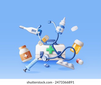 3d medicine icon set isolated. Render medical collection. Spray, pills, first aid kit, thermometer, syringe, heartrate, stethoscope. Healthcare hospital and medical diagnostics. Vector illustration