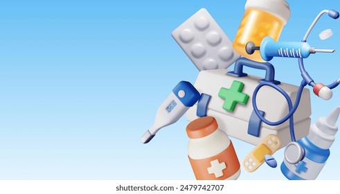 3d medicine icon set isolated. Render medical collection. Spray, pills, first aid kit, thermometer, syringe, heartrate, stethoscope. Healthcare hospital and medical diagnostics. Vector illustration