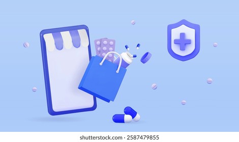 3d medicine ordering mobile and payment with money concept of healthcare Medical drug store online 3d icon vector render illustration