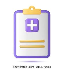 3d medicine report icon. Clinic diagnostic document with plus and text