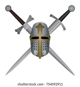 3d medieval Topfhelm helmet. Helmet with horizontal viewing slot on the background of 2 crossed medieval swords