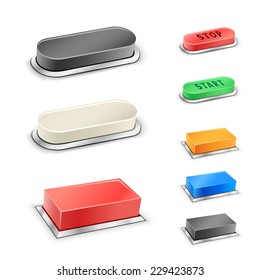 The 3D mega rectangular and oval red, blue, green, black and white buttons on the white background
