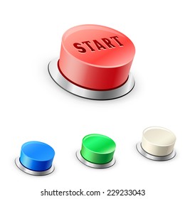 The 3D mega round red, blue, green and white buttons on the white background