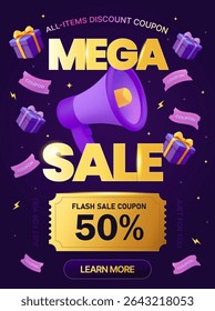 Plantilla de Anuncio mega venta 3D con cupón de regalo, código de Cupón, porcentaje de descuento, aislado en el fondo con cajas de regalo que vuelan alrededor del megáfono. Mega descuento evento Anuncio Plantilla en Vector 3D