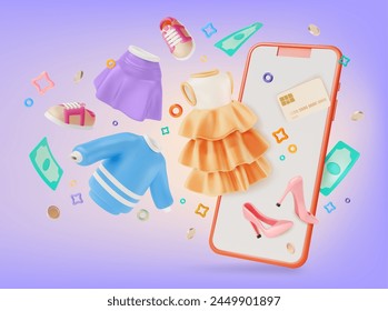 3d Mega Sale Clothing Online Store Concept Background Cartoon Design Style. Vector illustration of Floating Skirt, Dress with Ruffles, Sweater and Mobile Phone