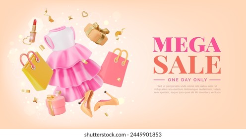 3d Mega Sale Clothing Store Ads Banner Concept Poster Card. Vector illustration of Floating Dress with Ruffles, Gift Boxes, High Heels and Shopping Bag