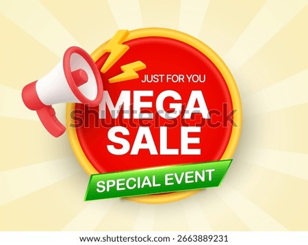3d mega sale label banner template with megaphone, isolated on background. Mega sale badge mockup in 3d vector illustration
