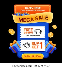 3d mega sale popup dialog with gift vouchers coupon, free shipping, buy 1 get 1 free, happy hour, isolated on background with coins and gift boxes flying around. Discount popup banner in 3d vector