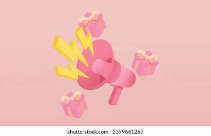3d Mega sale. A prize-winning event. The concept of a loudspeaker with flying gifts.on pastel background.3d handmade.3d vector icon for technology,business illustration.