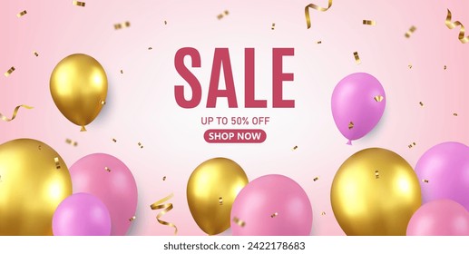 3d mega sale text, special offer banner celebrate background with gold foil and pink air balloons. design for shop and sale banners, grand opening, party flyer. 3d rendering. Vector illustration