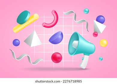 3d megaphone, announcement background, ad render icons. Sound speakerphone, public speaker card, shout on business poster, colorful abstract geometric figures. Vector marketing objects