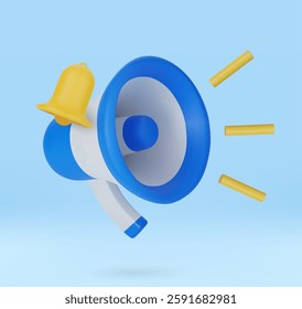 3D Megaphone with Bell notification isolated on blue background. Marketing time concept. Online news with loudspeaker. Social media promotion. vector illustration