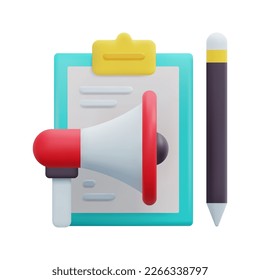 3d megaphone and clipboard icon vector. Loudspeaker for announce promotion in social media and network. 3d content marketing concept. Isolated on white background. 3d icon vector render illustration.