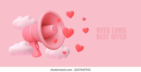3D megaphone with cloud. Advertisement loudspeaker banner. Render realistic bullhorn with soft, fluffy clouds, hearts on pink background. Marketing concept. Vector banner.
