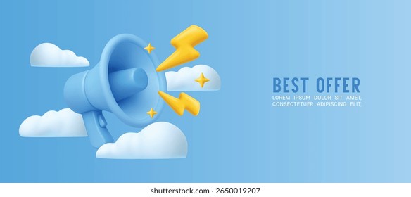 3D megaphone with clouds, bolts. Realistic loudspeakers, bullhorn. Blue speaker, stars, lightning icons for advertising, announcement, media promo concept. Vector banner.