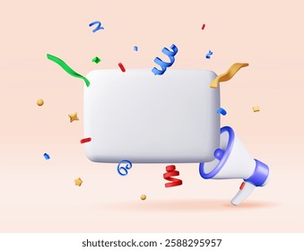 3D Megaphone with colorful confetti and blank sheet. Render megaphone realistic. Bullhorn or loudspeaker. Grand opening or sale. Announcement message birthday or holiday attention. Vector Illustration